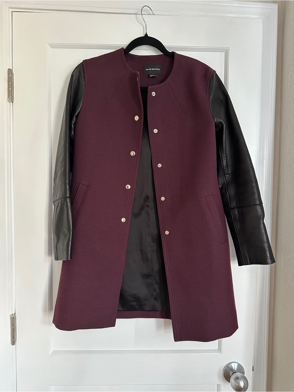 Club Monaco Wool Blend Coat with Leather Sleeves - Burgundy XS